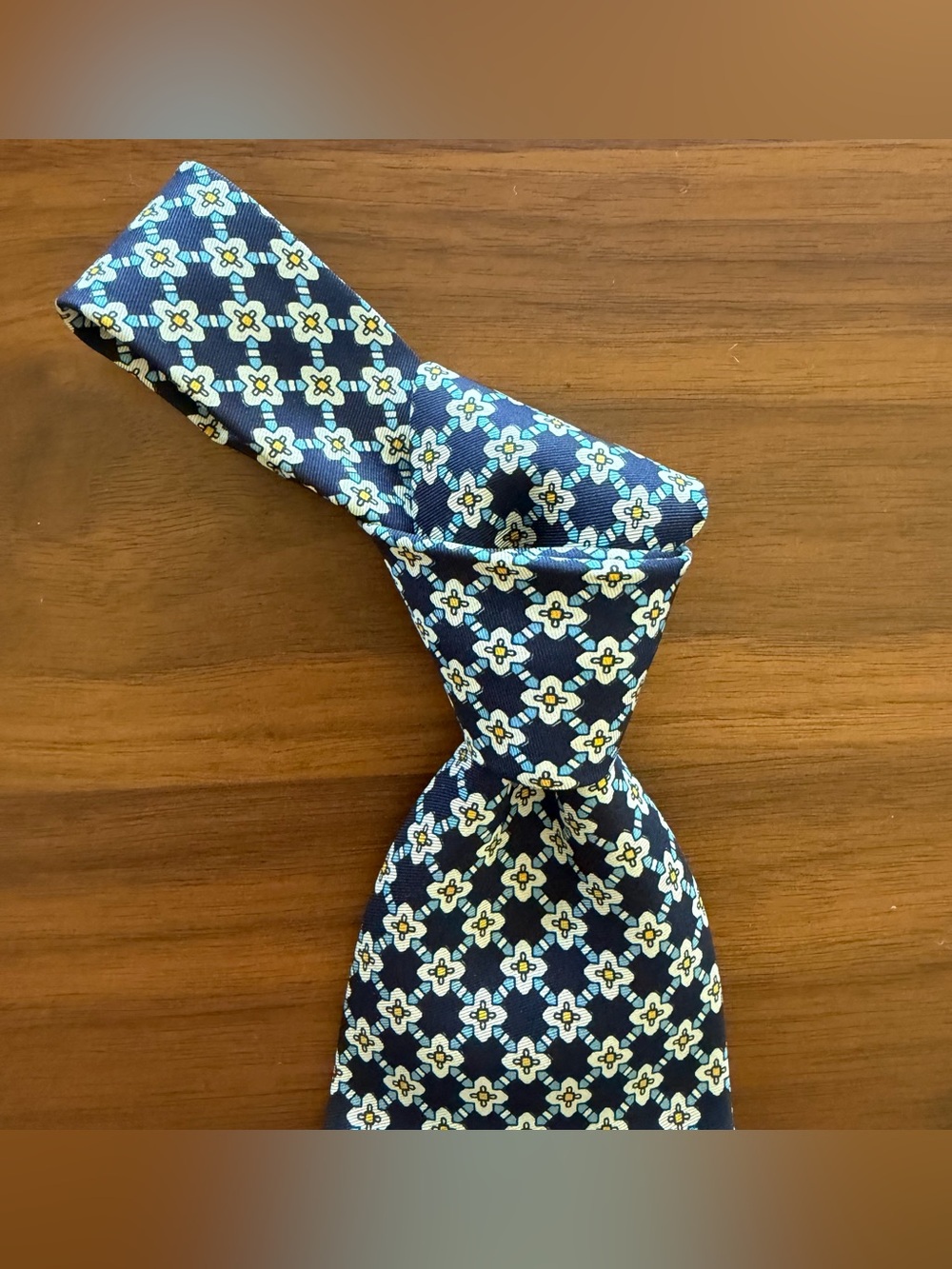 Luciano Barbera Navy Tie with Light Blue and Yellow Floral Medallions